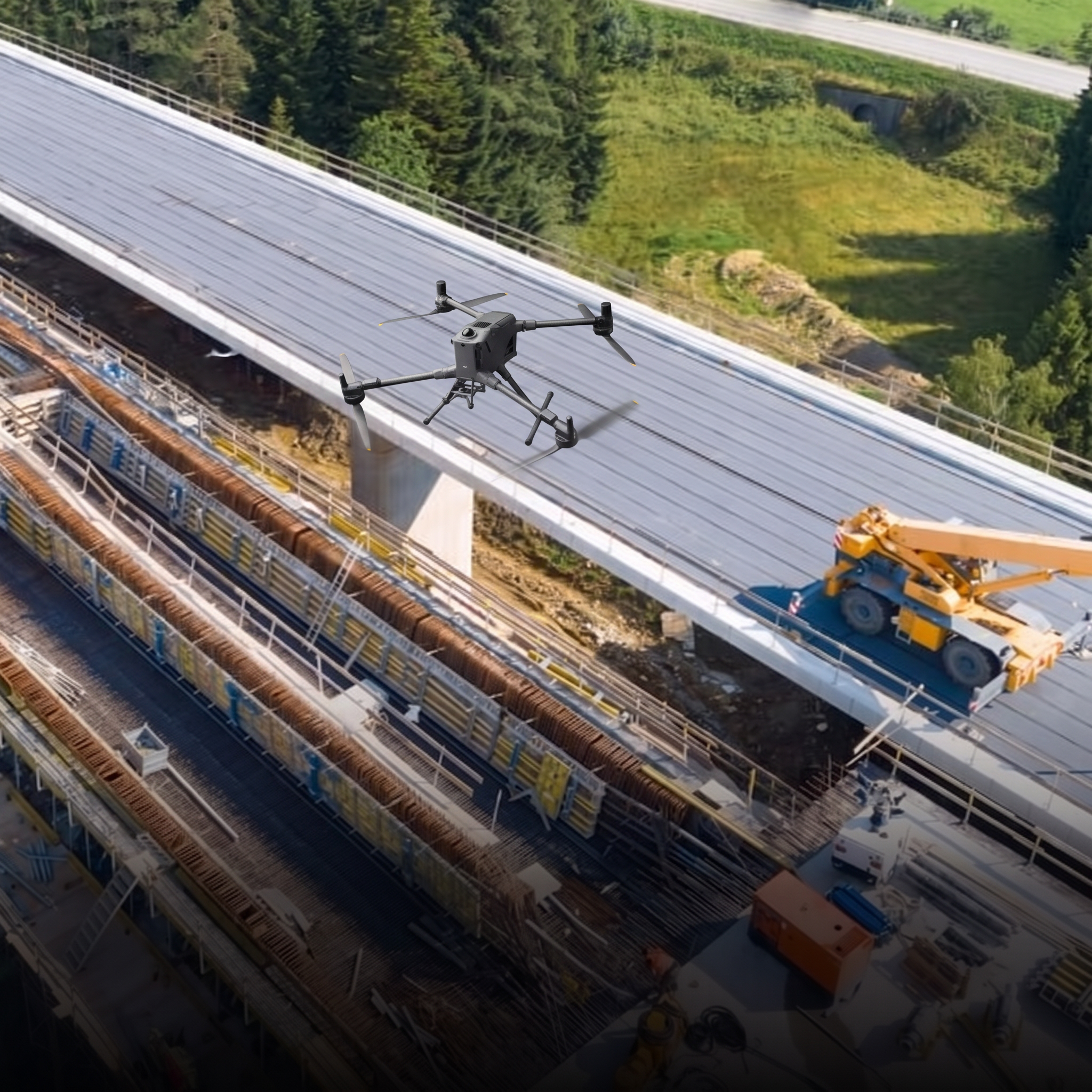 DJI Matrice 4E hovering above an active bridge deck construction site with rebar formwork and a mobile crane, capturing progress imagery.