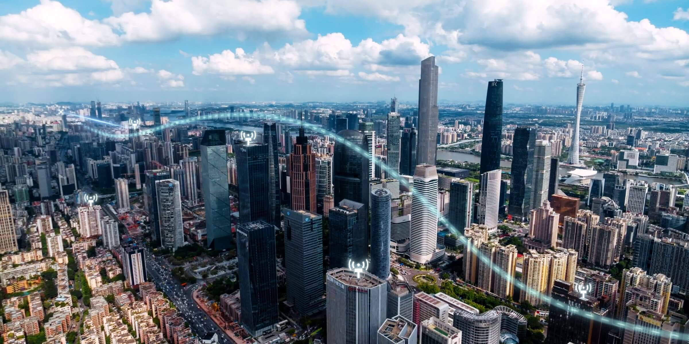 DJI graphic of network signal links across a city skyline.