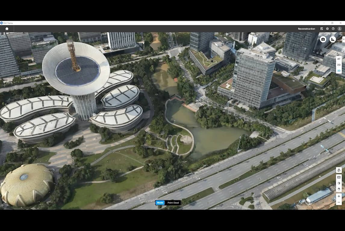 Reality-capture 3D model of a built site and surrounding infrastructure generated from drone imagery.
