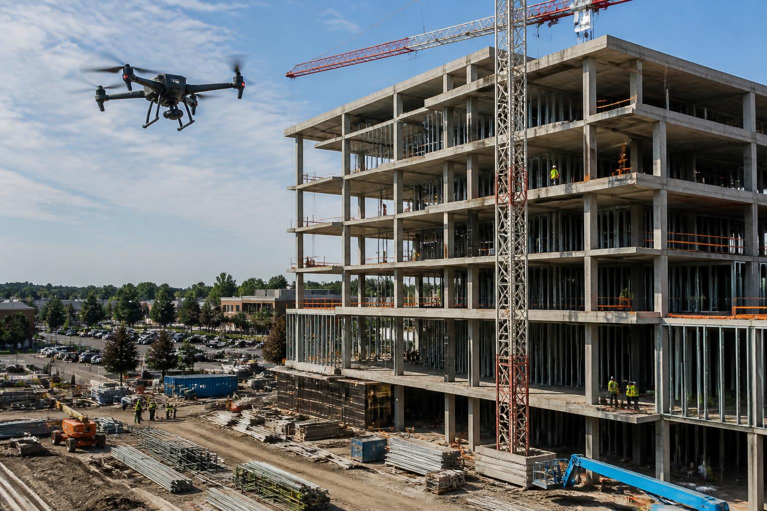 Drone capturing a multi-storey building under construction, with exposed concrete floor slabs, steel framing and a tower crane above the structure.