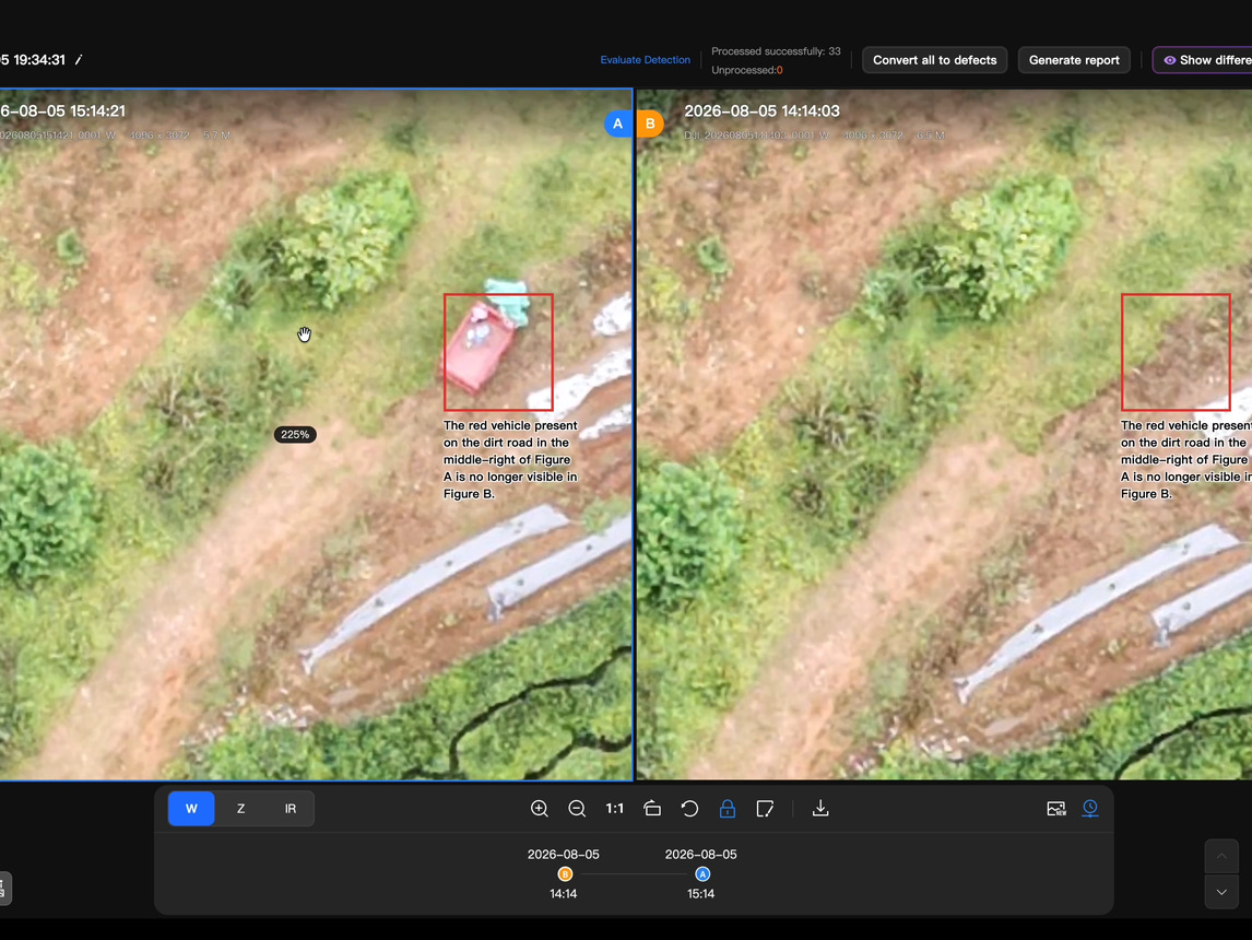 DJI FlightHub 2 Change Detection Pro comparing two aerial photos of a dirt road, with a red box marking a vehicle present in one and missing in the other.