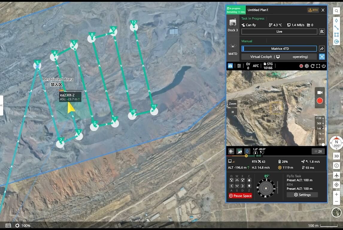 Mapping software view of a construction earthworks point cloud with flight route and cross-section planning overlaid.