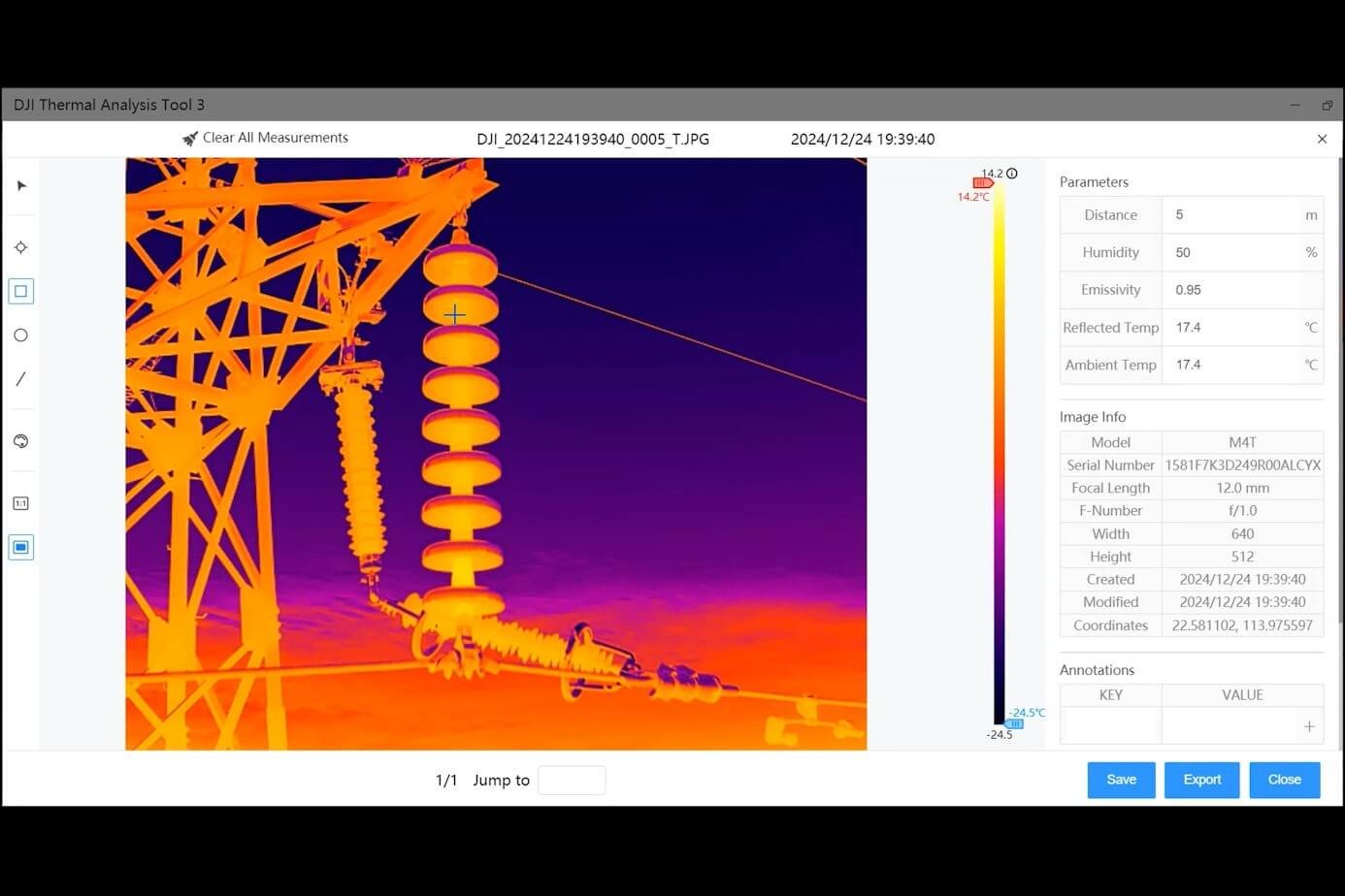 Thermal analysis software measuring temperatures on a drone-captured radiometric image of a high-voltage structure.