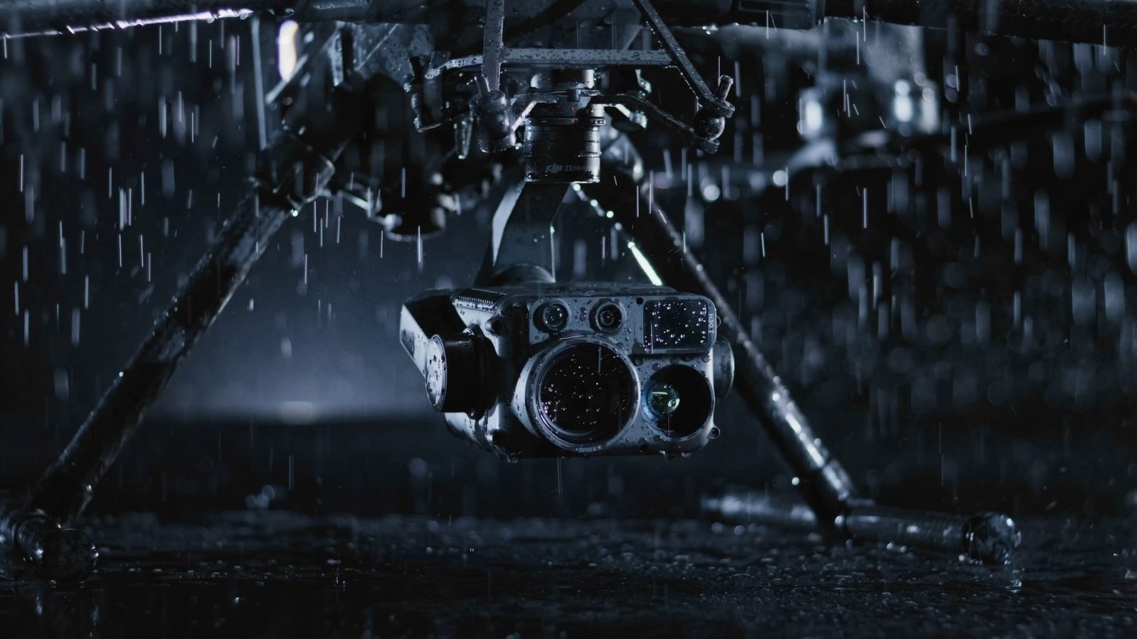 DJI enterprise drone flying in heavy rain, demonstrating ingress protection for all-weather inspection.