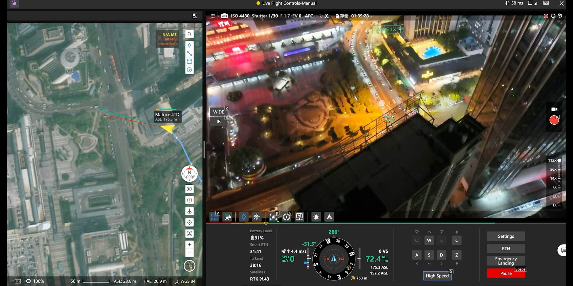 DJI FlightHub 2 showing an industrial site inspection on a map with a live nighttime camera view.