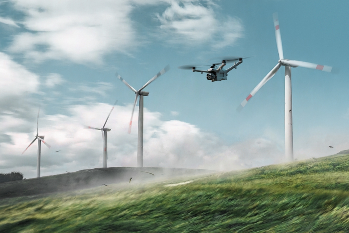 DJI Matrice 5TD flying past wind turbines in strong wind, from official DJI imagery.