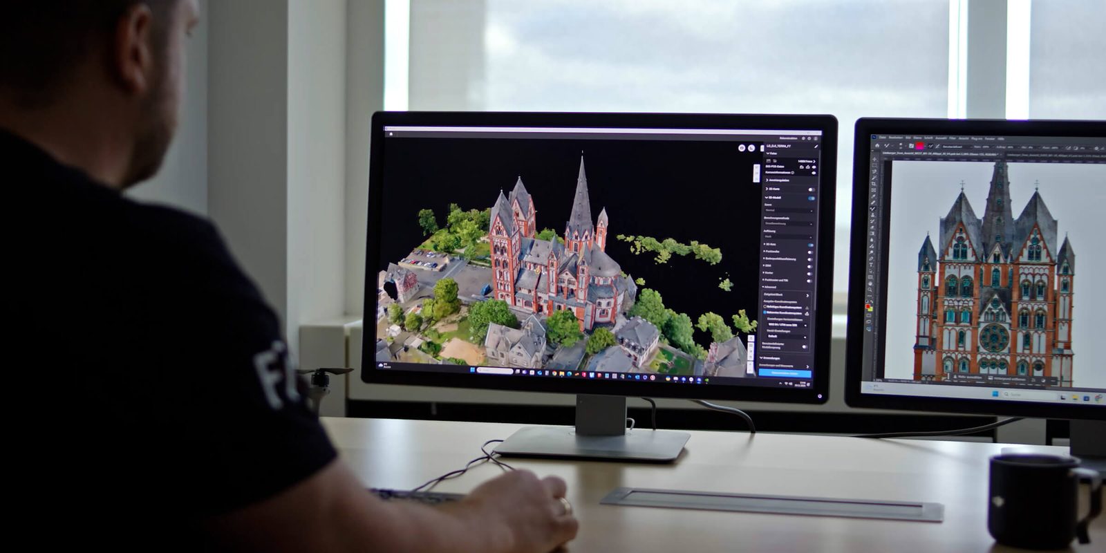 Survey operator reviewing DJI mapping outputs and mission data on a workstation.