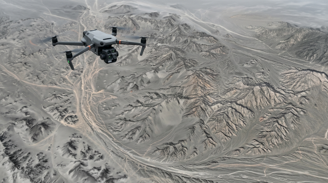 DJI Matrice 4E in flight over a vast eroded mountain range, capturing RTK-tagged imagery for slope and high-wall photogrammetry.
