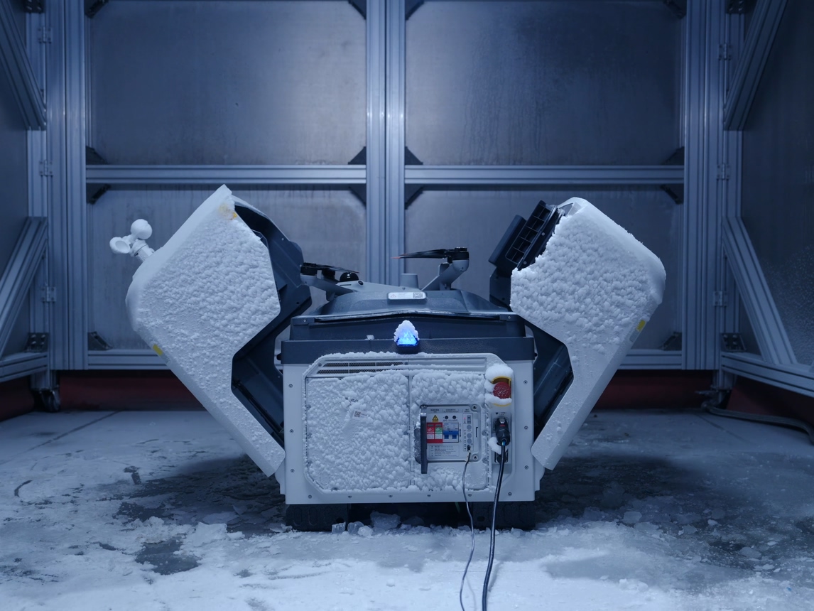 DJI Dock 4 covered in ice during a cold-weather test, from official DJI imagery.