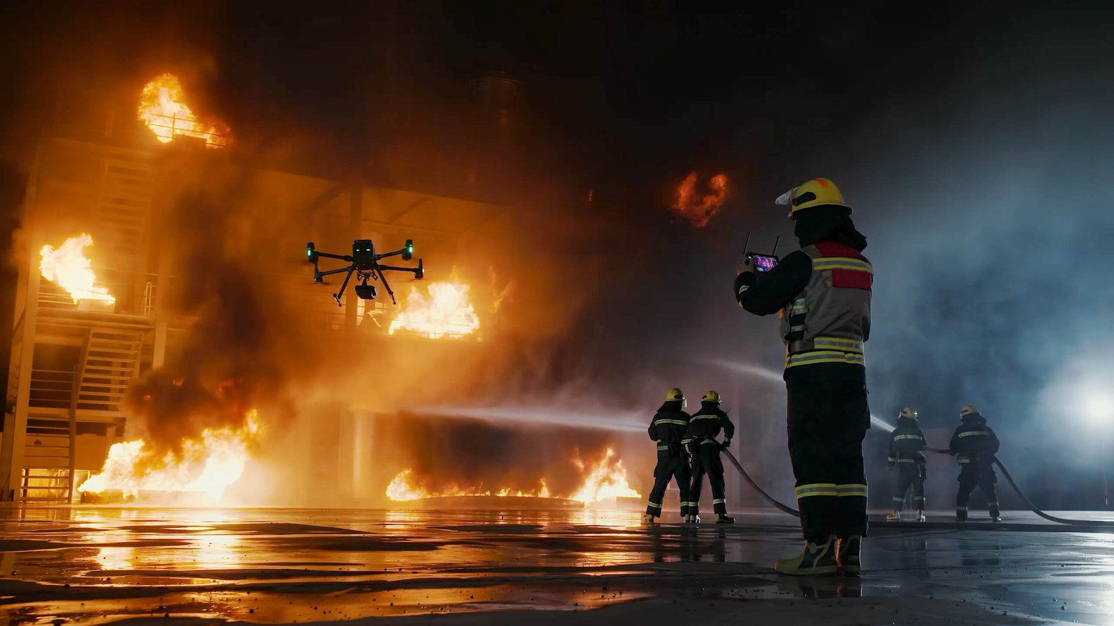 DJI enterprise thermal inspection drone flying over an industrial heat source while crews work below, using radiometric infrared imaging.