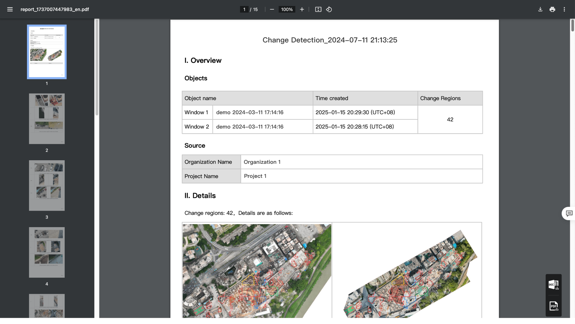 Exported DJI FlightHub 2 change detection report with an overview table and annotated aerial photos of changed regions.