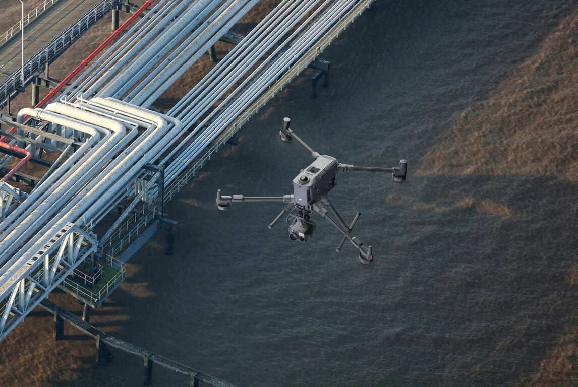 DJI enterprise drone flying beside an oil and gas pipeline during a corridor inspection.