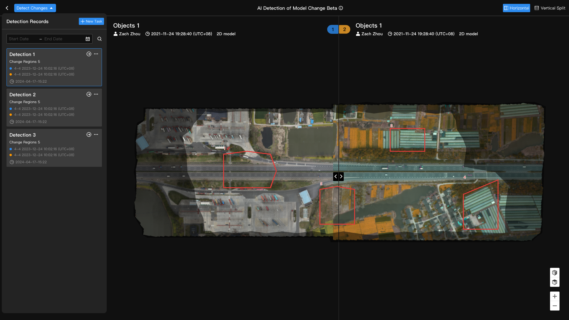 DJI FlightHub 2 change detection screen showing two missions side by side with numbered red change regions over roads, fields and buildings.