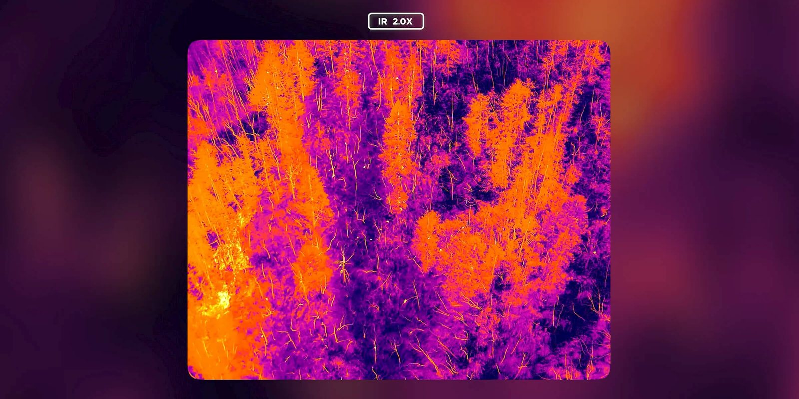 Radiometric thermal image captured from a drone showing hotspots across terrain and vegetation.