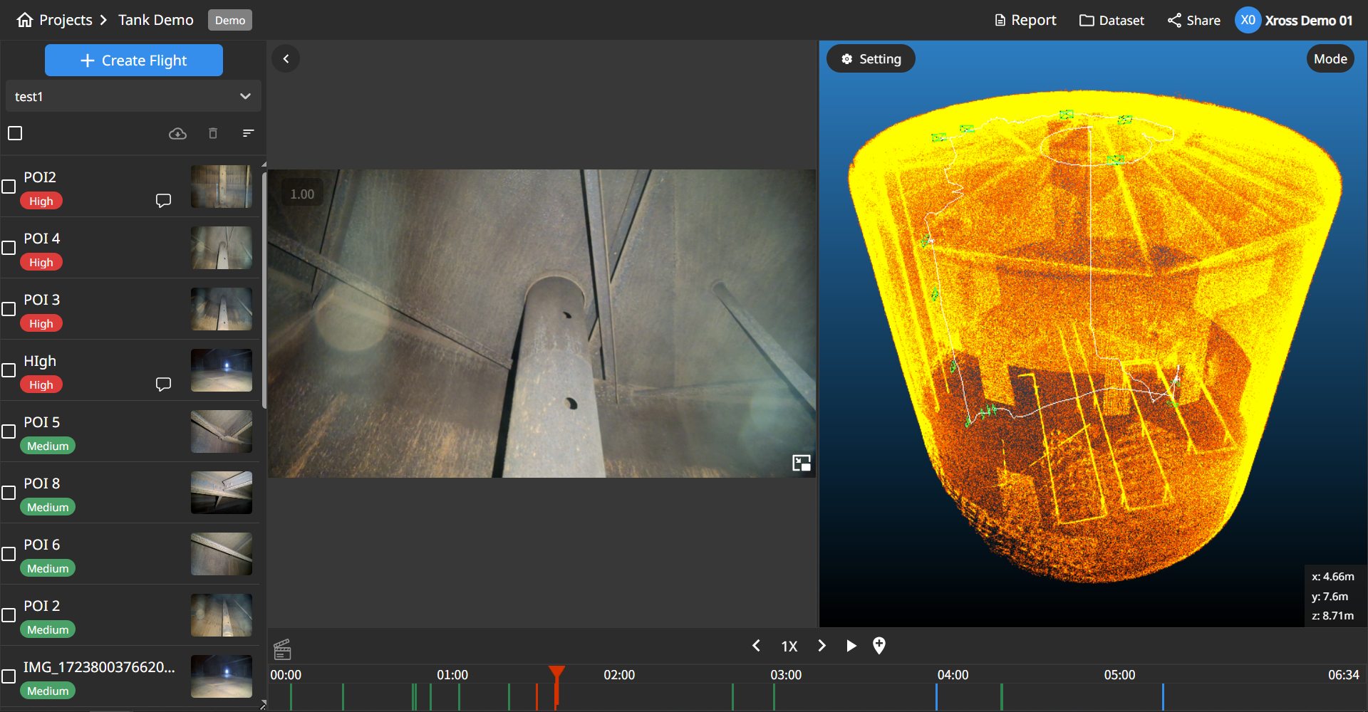 Cloud workspace showing tagged points of interest, camera footage, and a 3D point cloud of a tank interior