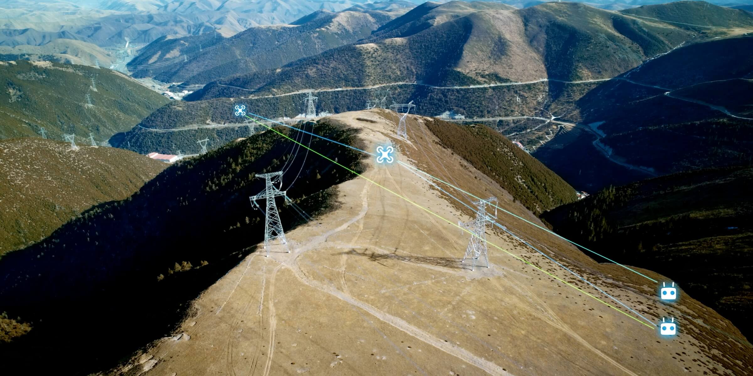 Aerial view of a remote mountain transmission corridor with drone and dock link icons.