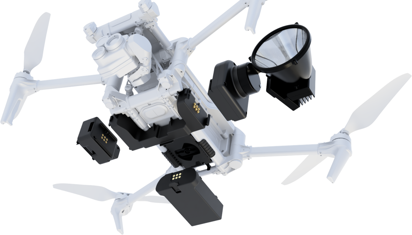 Tundra BASE with spotlight and payload modules mounted on a drone (official Tundra Drone render)