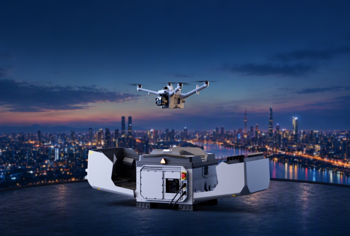 DJI drone taking off from an open DJI Dock 4 on a rooftop at dusk over a city skyline, from official DJI imagery.
