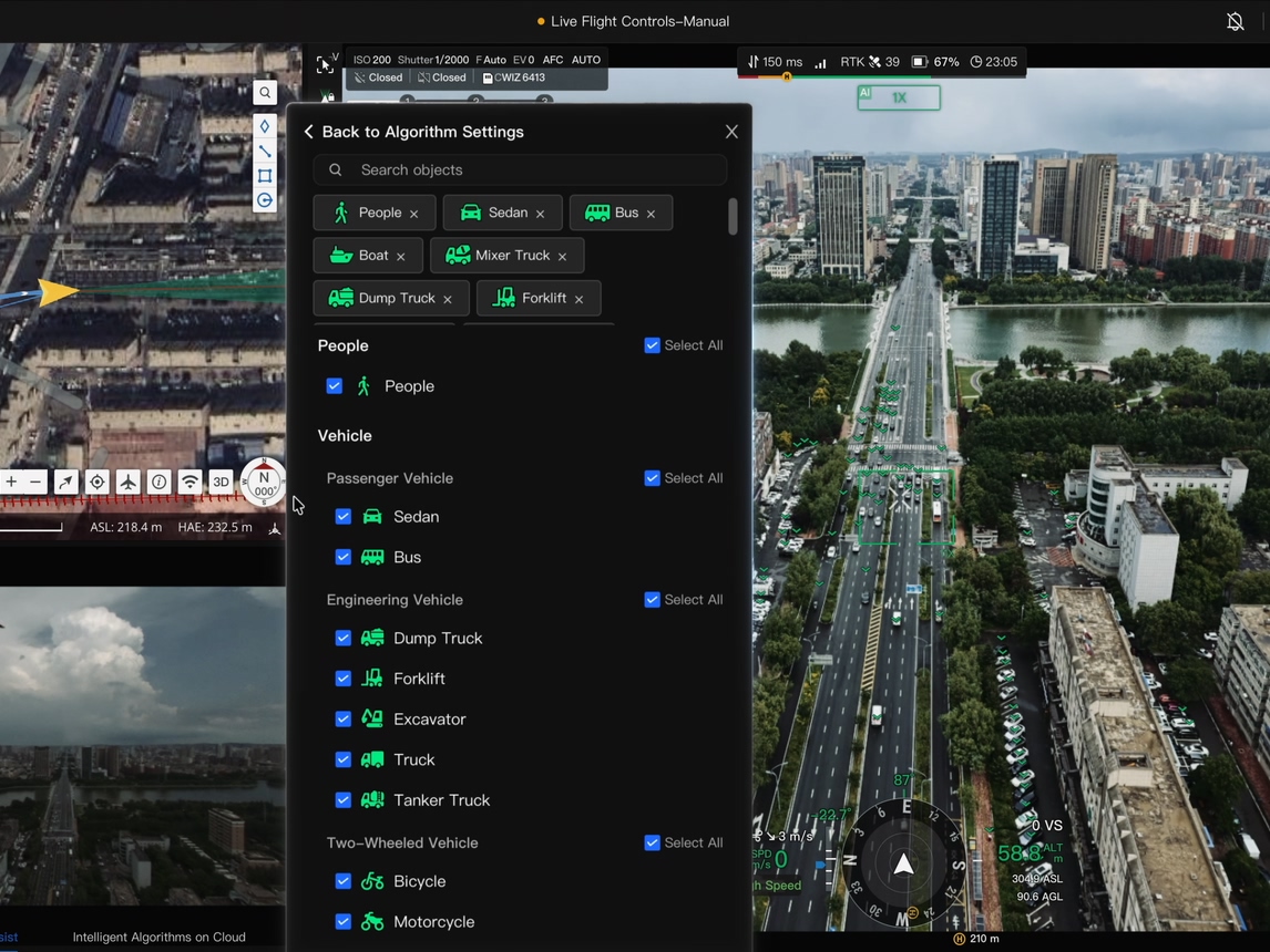 DJI FlightHub 2 live flight view with the AI target list open, showing People, Sedan, Bus, Boat and other vehicle types selected for detection over a city road.