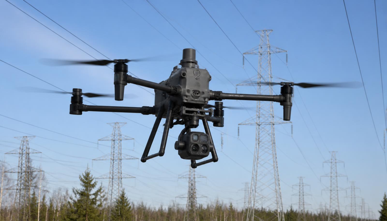 DJI Matrice 400 heavy-lift drone flying in front of high-voltage transmission towers and powerlines.