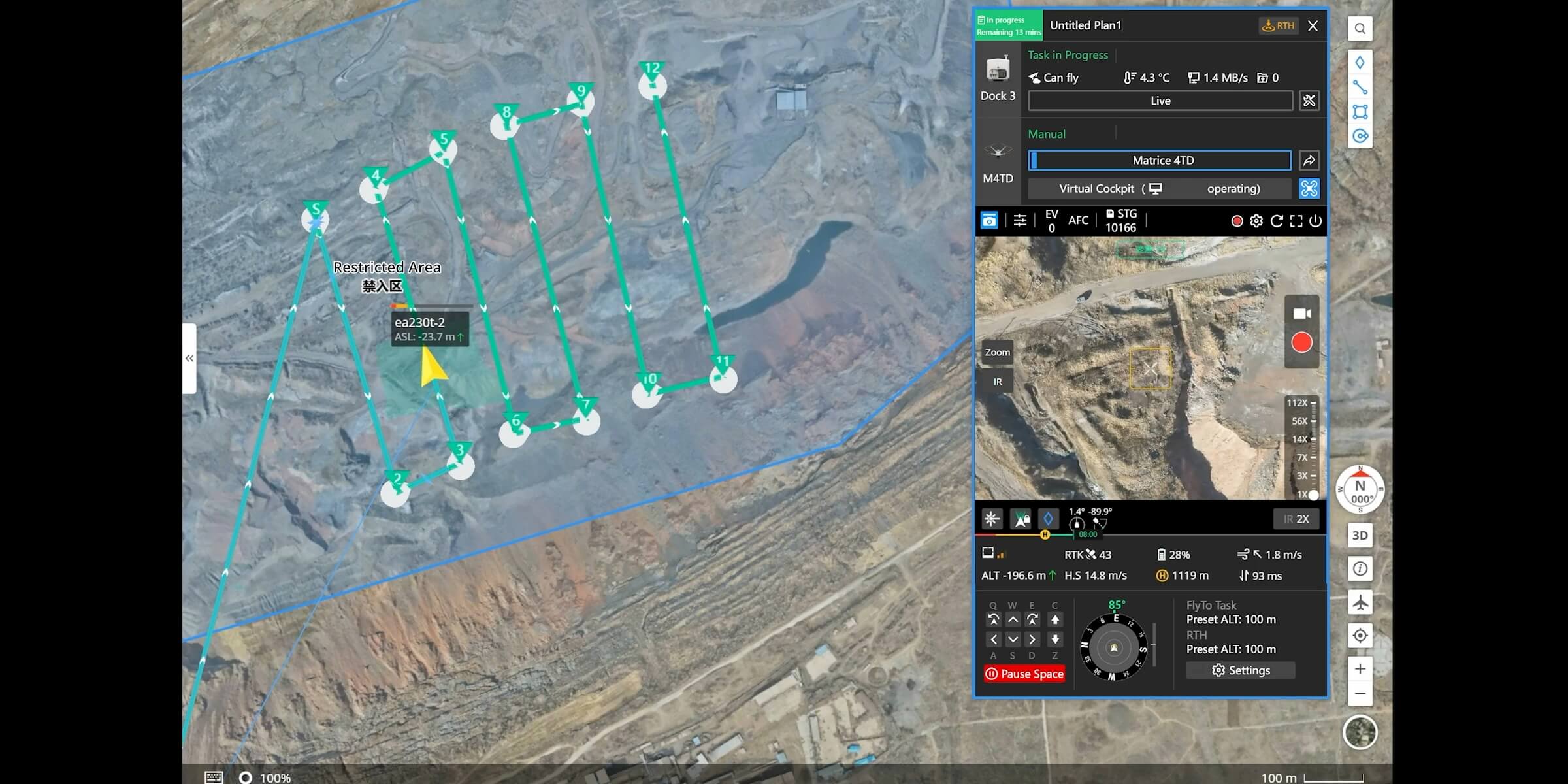 DJI FlightHub 2 showing a Dock 3 and Matrice 4TD mission over an open-pit mine, with waypoints, a restricted area and live camera view.