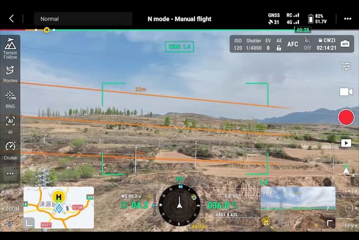 DJI pilot app view of a mapping mission flown over a graded earthworks site, with live telemetry and route overlay.