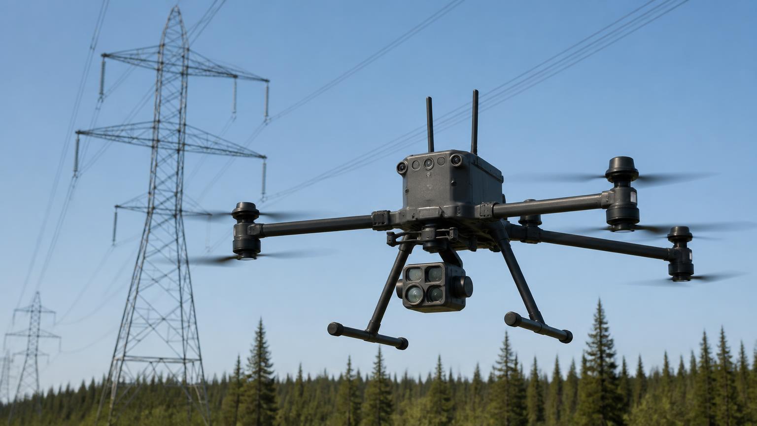 DJI Matrice 400 flying beside high-voltage transmission lines during a powerline inspection.