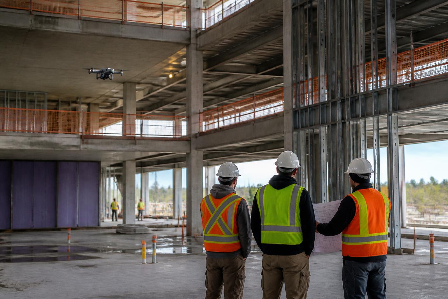 Construction crew in high-visibility vests reviewing drawings inside a building under construction while a drone documents the open concrete structure.