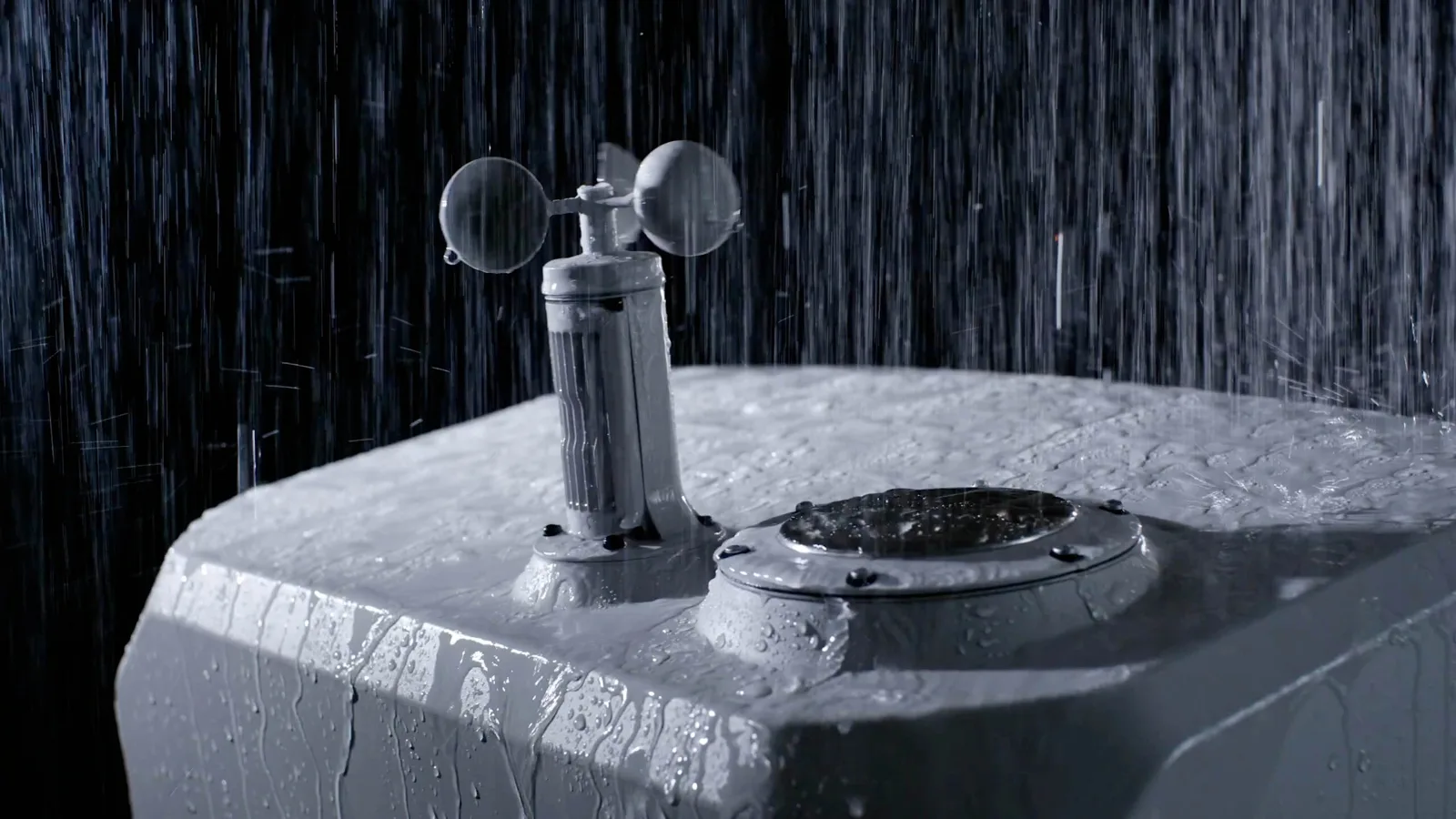 DJI Dock 3 onboard weather station — wind and rainfall sensors on the IP56 dock holding a launch during heavy rain.