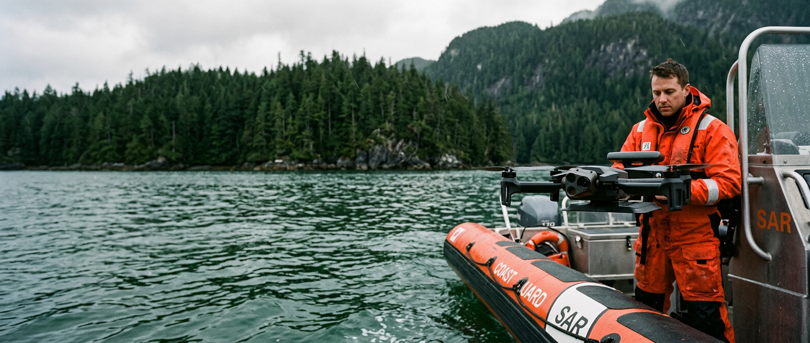 Parrot ANAFI USA and Deep Trekker ROV staged on Pelican cases inside a Canadian coastal operations base during a pre-deployment compliance check