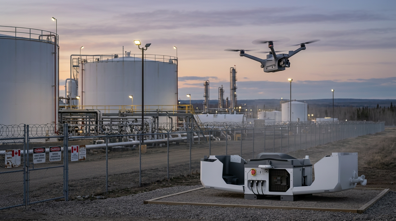 DJI Dock 3 on a Canadian energy facility rooftop with the correct DJI Matrice 4TD just airborne above the dock