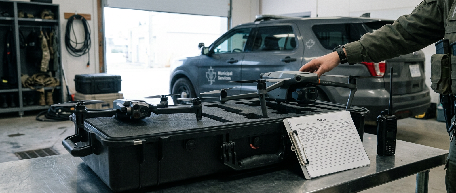 Parrot ANAFI USA and DJI Matrice 4TD staged on a Pelican case in a Canadian municipal tactical staging garage