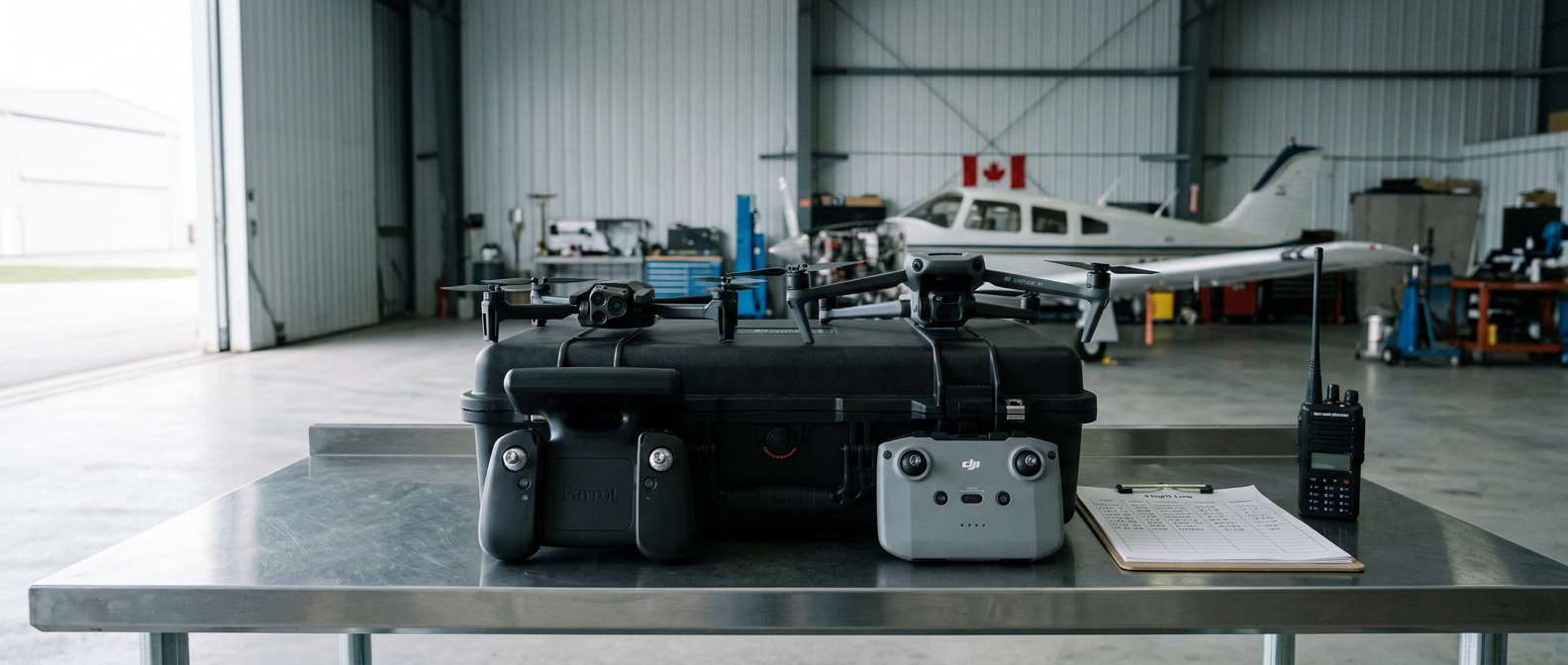 Parrot ANAFI USA and DJI Matrice 4TD staged on a Pelican case in a Canadian hangar with a clipboard flight log
