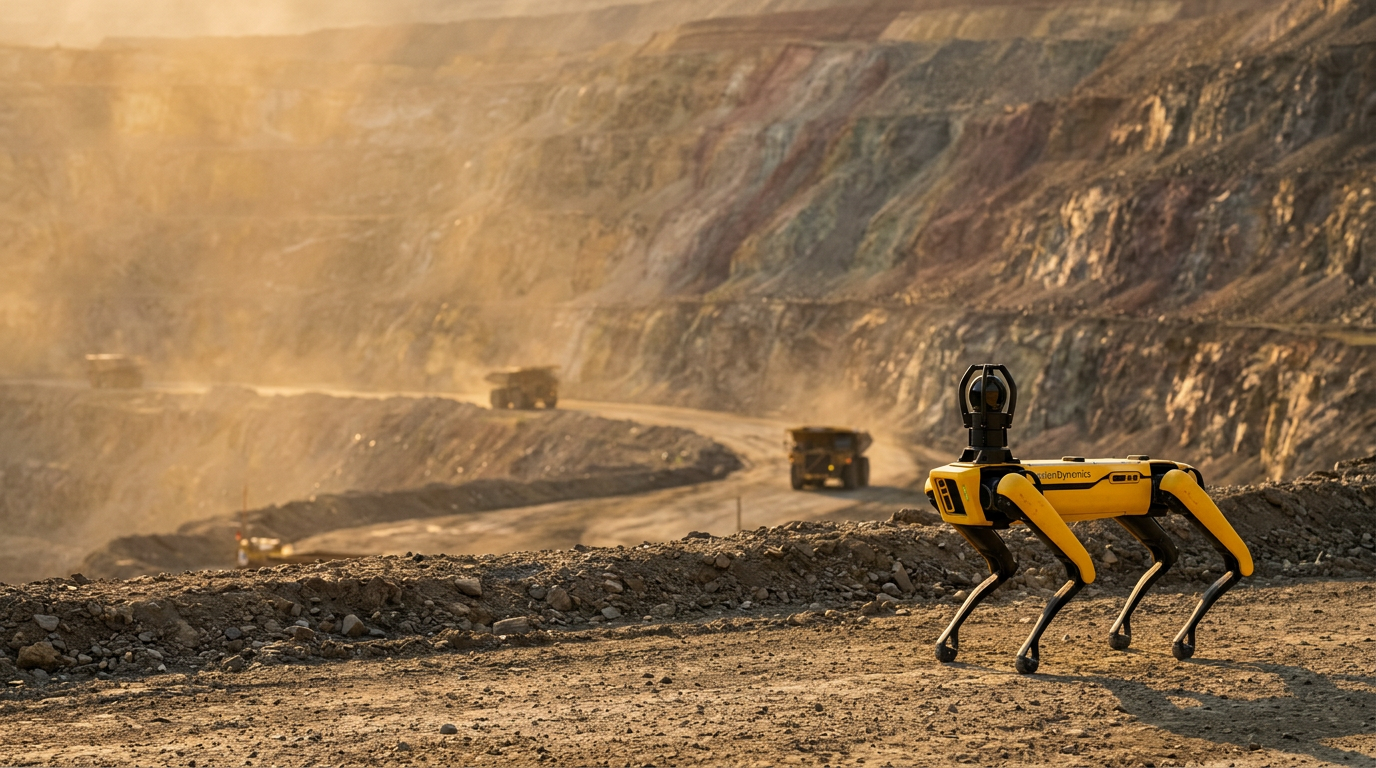 Boston Dynamics Spot and an industrial inspection drone with operator at a Canadian mine site at golden hour