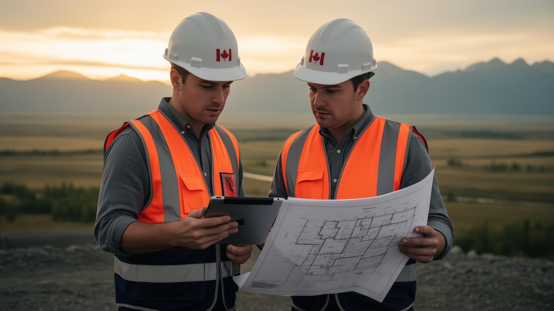 Canadian field engineers reviewing site plans on a tablet