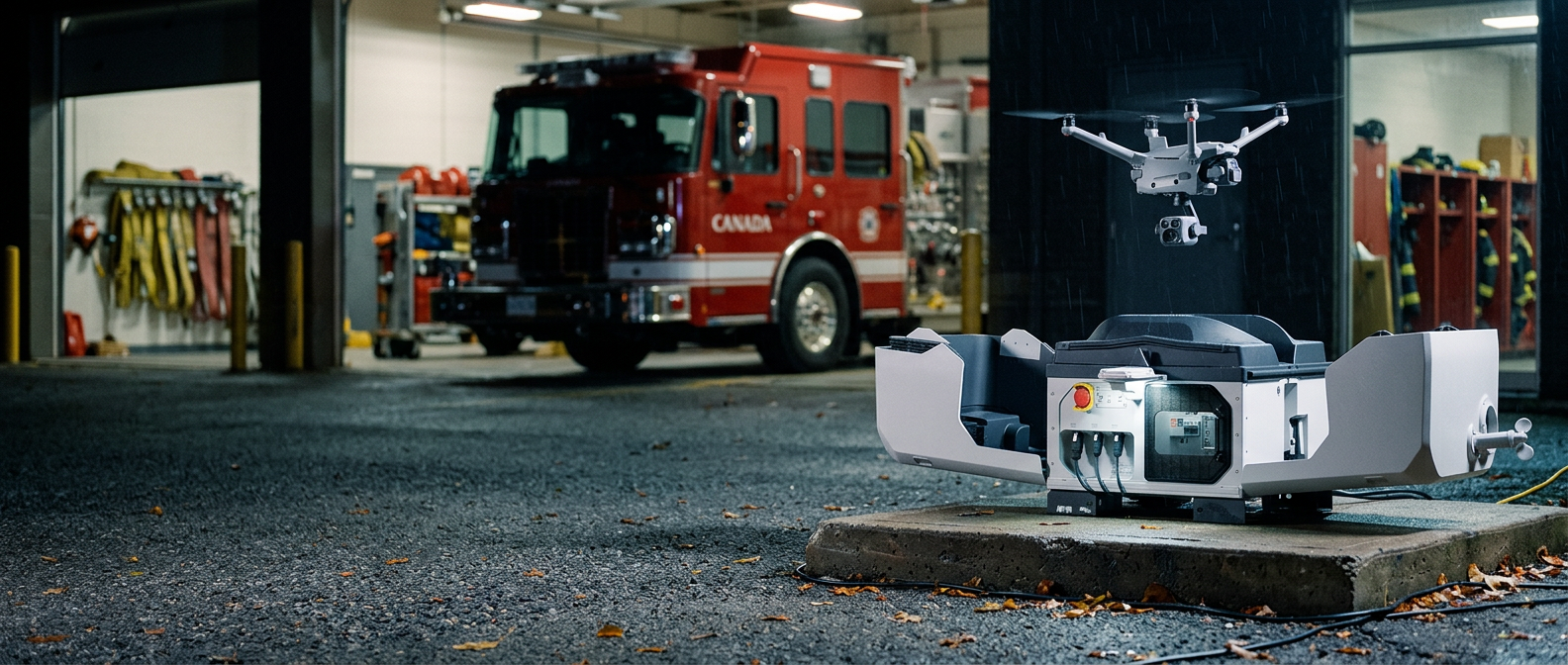 DJI Dock 3 at a Canadian fire station with the correct DJI Matrice 4TD lifting off after auto-launch