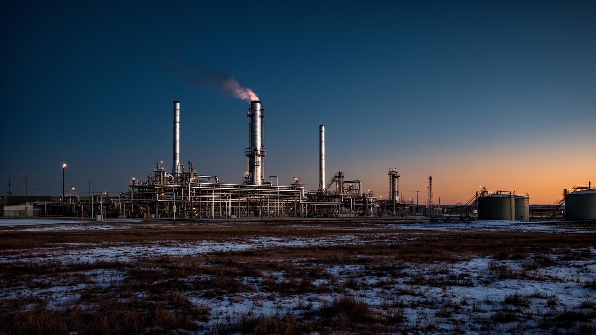 Canadian oil and gas processing facility at dusk with flare stack and pipe racks