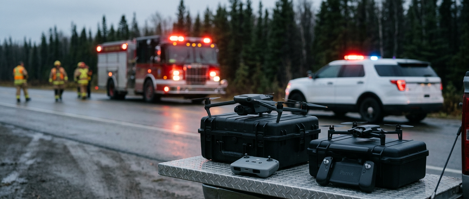 Parrot ANAFI USA and DJI Matrice 4TD staged on Pelican cases at a multi-agency Canadian highway command post