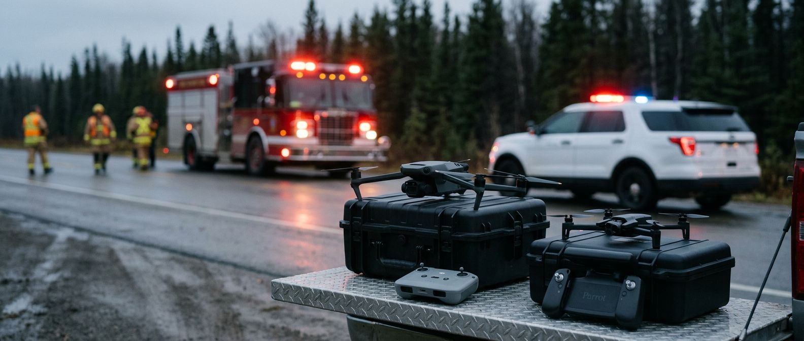 Parrot ANAFI USA and DJI Matrice 4TD staged on Pelican cases at a multi-agency Canadian highway command post
