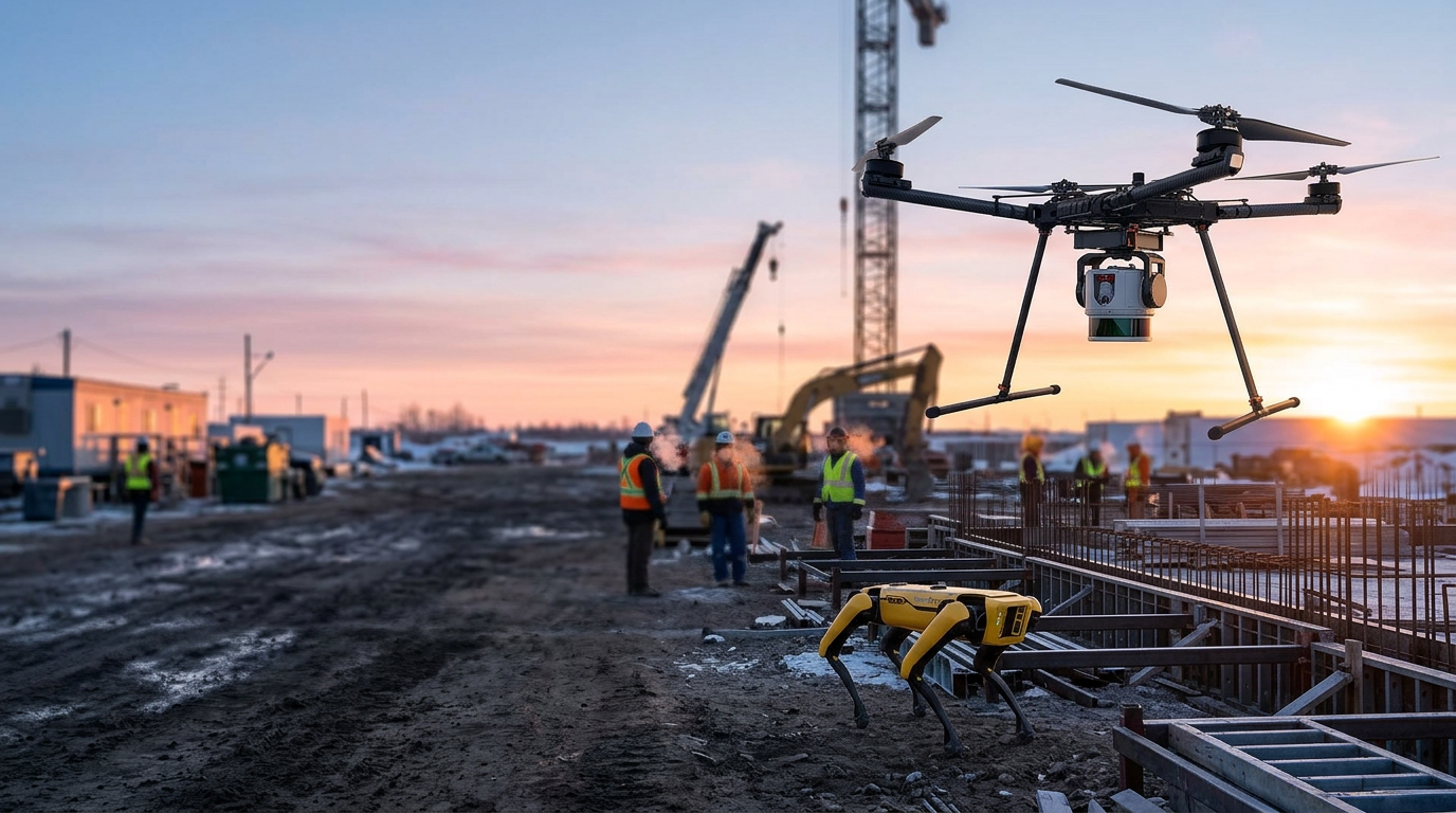 FreeFly Alta X heavy-lift drone with LiDAR launching at a Canadian construction site at sunrise, Spot inspecting steel framing in the background