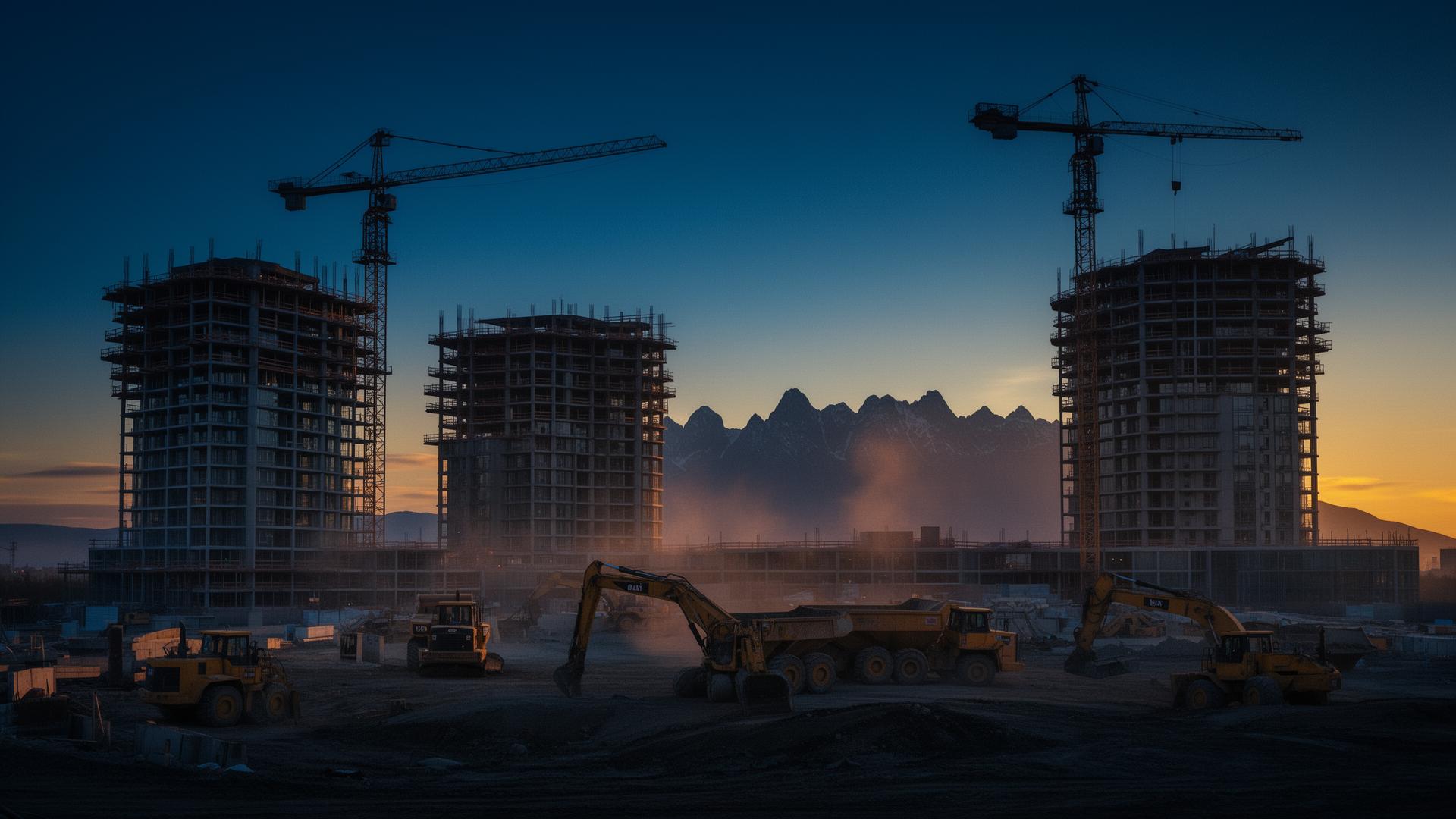 Canadian construction site at dusk with tower cranes silhouetted against twilight sky