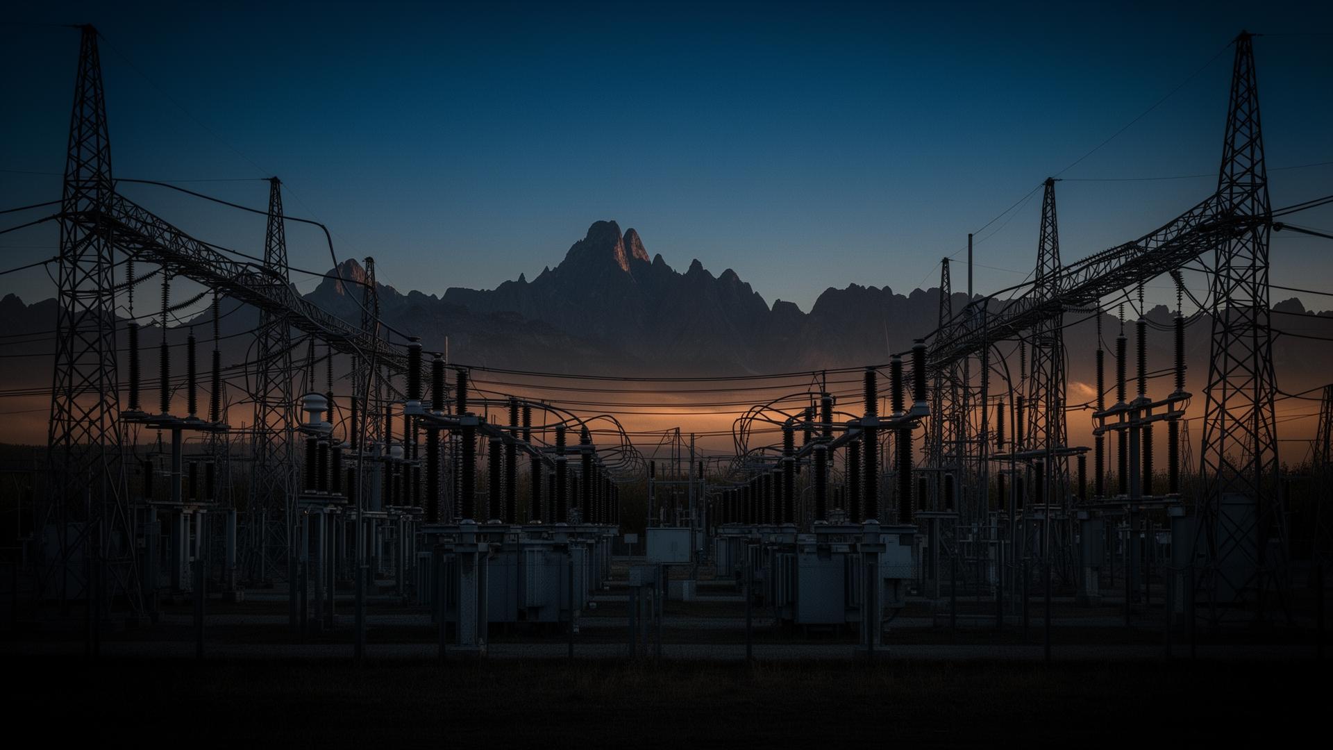Canadian electric utility substation at dusk with lattice towers, bus bars, and transformers
