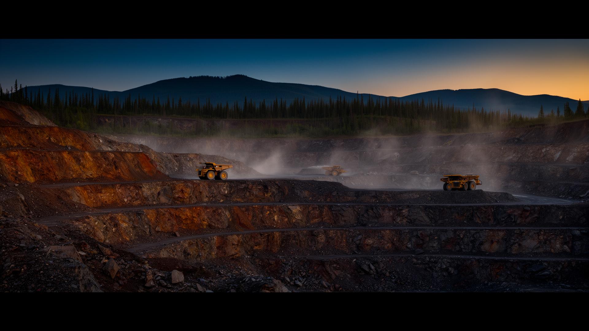 Canadian open-pit mine at dusk with haul trucks and benches