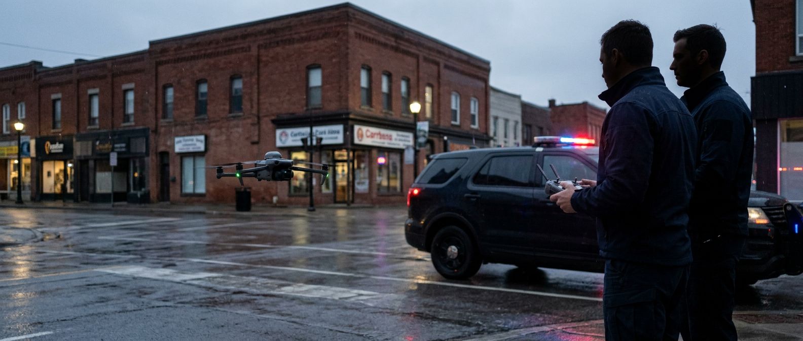 DJI Matrice 4TD hovering over a wet Canadian downtown intersection at dusk with tactical operators silhouetted beside an unmarked patrol SUV