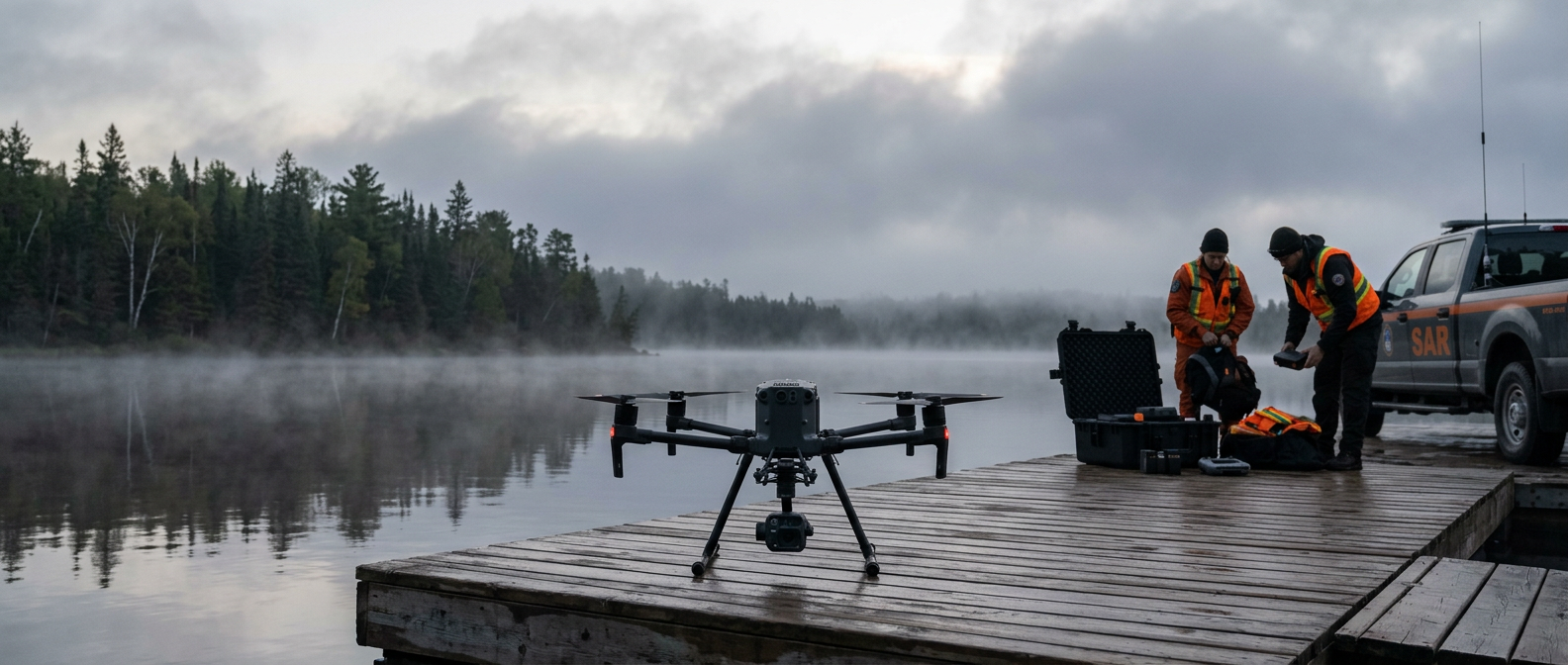 DJI Matrice 4TD on a wet dock at dawn with a Canadian SAR team preparing equipment by a utility truck