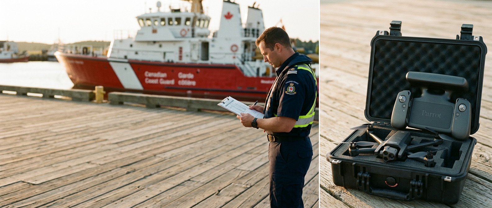 Parrot ANAFI USA hovering off the stern of a Canadian Coast Guard-style patrol vessel during a hull-inspection sweep at overcast dawn