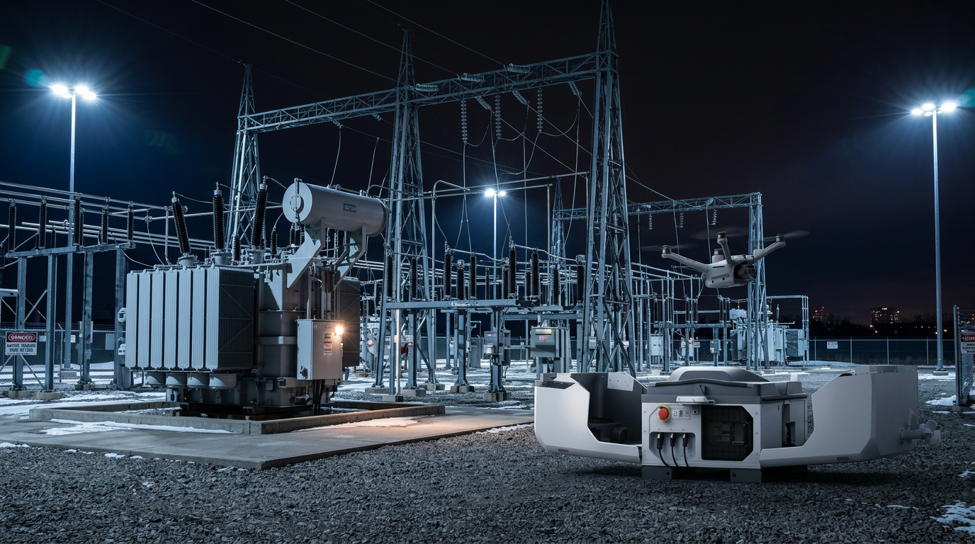 DJI Dock 3 with the correct DJI Matrice 4TD auto-launching on a Canadian industrial yard perimeter at night under floodlights