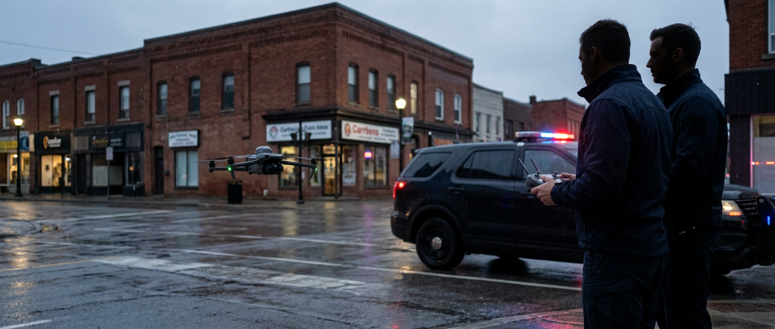 DJI Matrice 4TD hovering over a wet Canadian downtown intersection at dusk with tactical operators silhouetted beside an unmarked patrol SUV