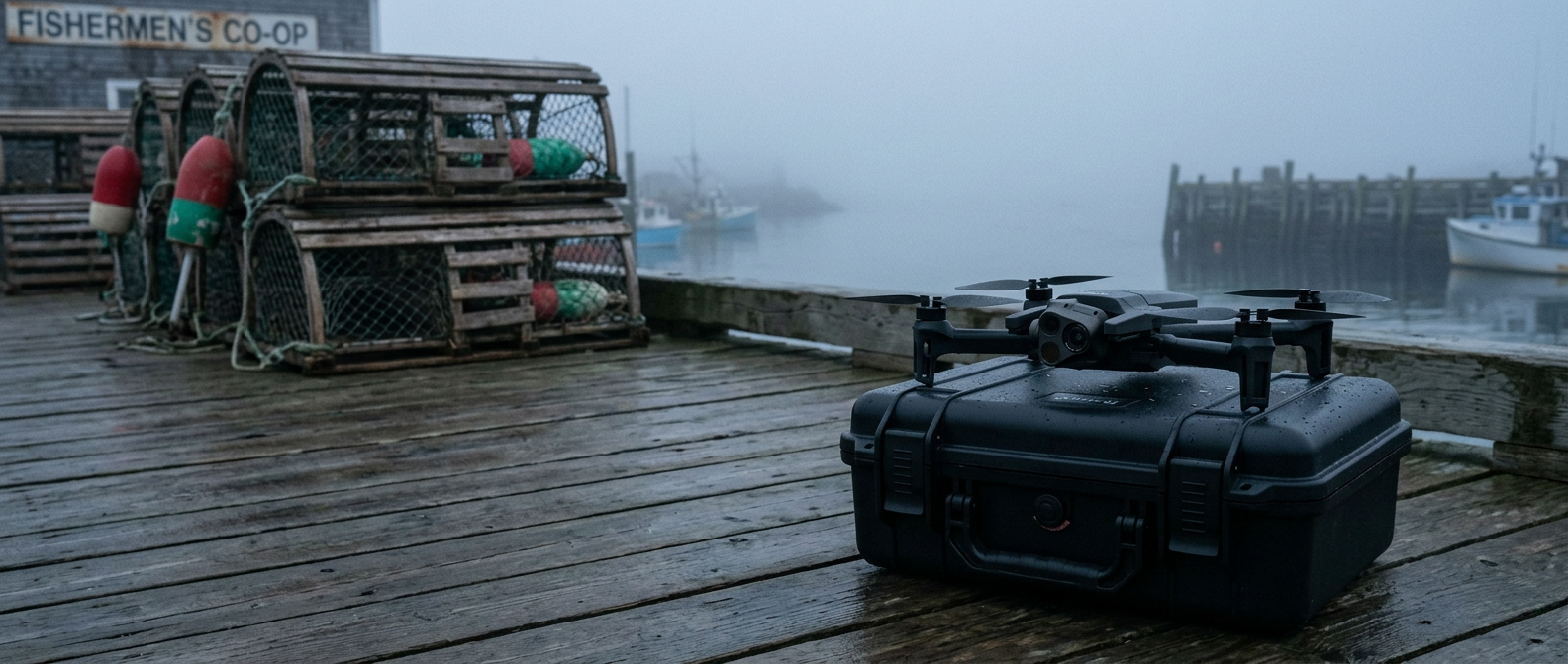 Parrot ANAFI USA on a Pelican case on the deck of a Canadian Coast Guard-style patrol vessel with a uniformed operator beside it