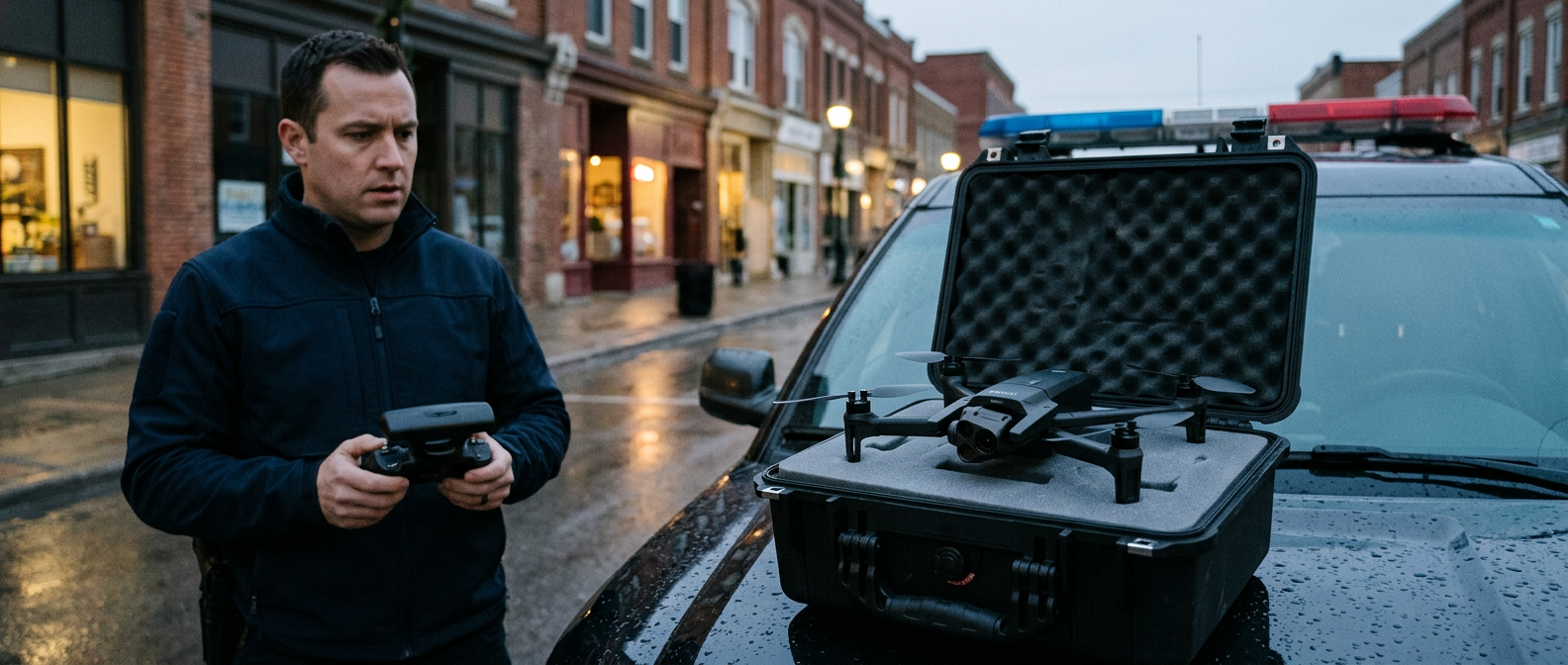 Tactical operator with controller next to a Parrot ANAFI USA in an open Pelican case on the hood of an unmarked patrol SUV, wet Canadian downtown street at dusk